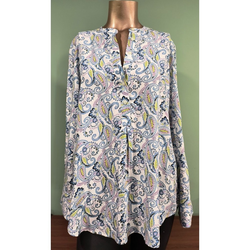 Loft Petites Blue Pink Paisley Print Rayon Split Neck Long Sleeve Blouse SP